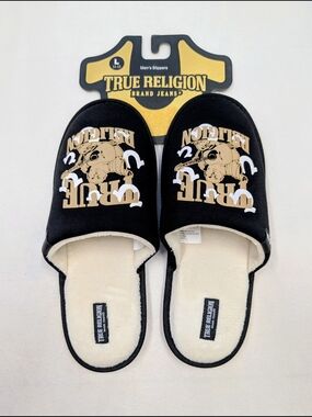 True Religion Men's Black Logo Slippers White Plush Lining NWT Size 11-12